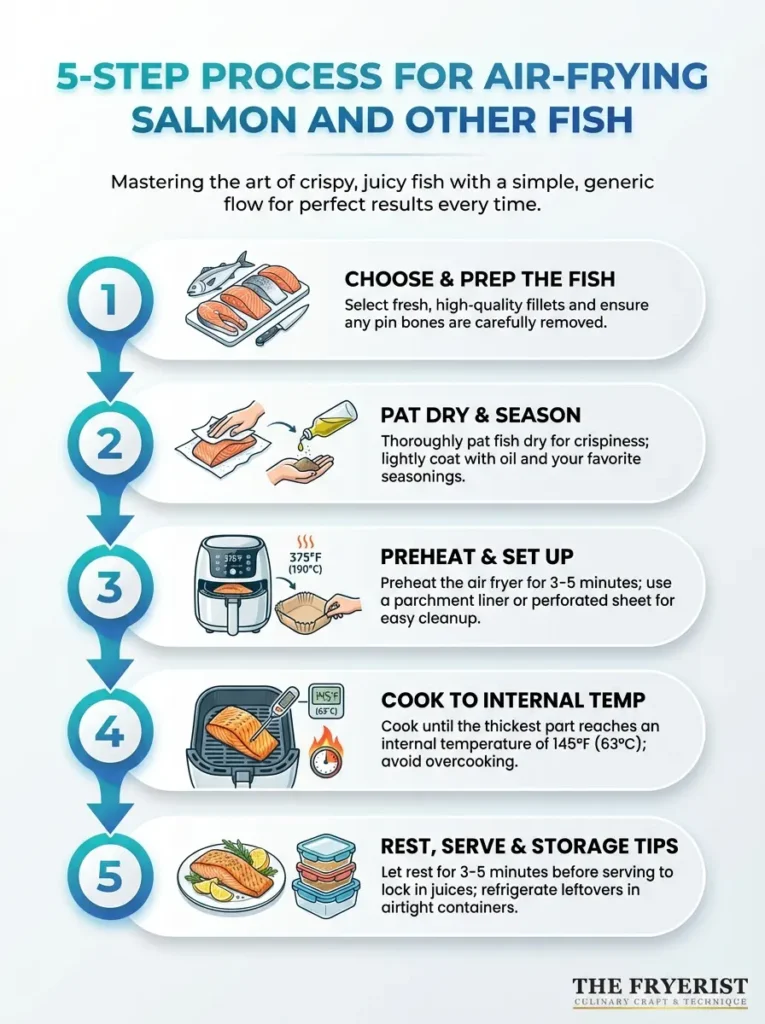 A concise visual guide showing a 5-step process to air-fry salmon and other fish for quick, tasty results.