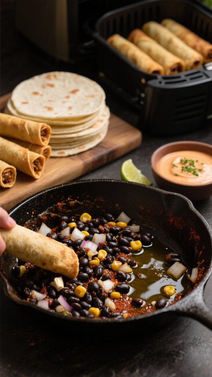 45-degree action-prep shot of black bean taquito filling in a skillet: olive oil-slicked diced onion and minced garlic sautéed with black beans and optional corn, seasoned with chili powder and ground cumin; a stack of small tortillas ready to roll into tight taquito cigars on a nearby board; finished taquitos in the background in the air fryer basket; a small bowl of chipotle-lime crema with lime zest flecks to the side; warm, moody lighting.