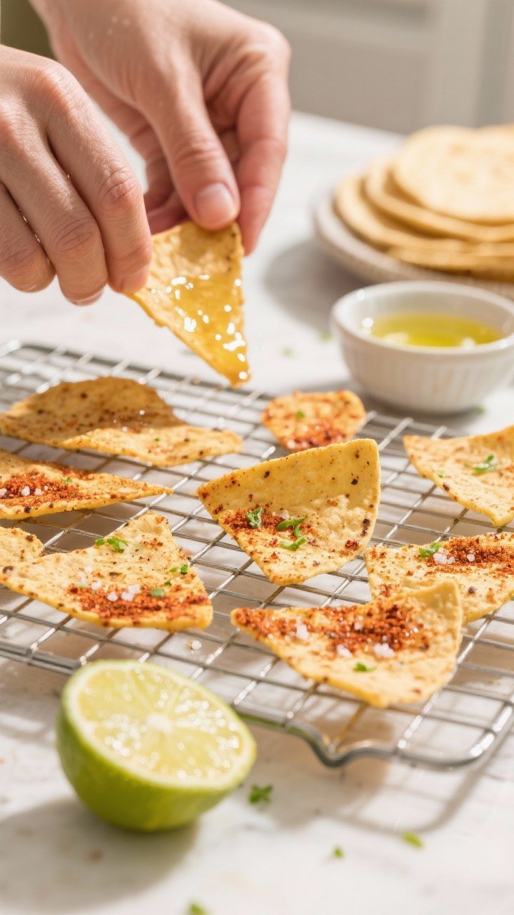 45-degree action/process shot: Freshly cut corn tortilla wedges brushed with neutral oil on a wire rack, some already air-fried into crunchy tortilla chips dusted with chili powder/Tajín and kosher salt, speckled with vibrant lime zest. A halved lime and a small bowl with lime juice nearby, a light citrus mist feel. Bright, lively styling, sunlit kitchen mood, emphasis on the zesty, better-than-the-bag crunch.