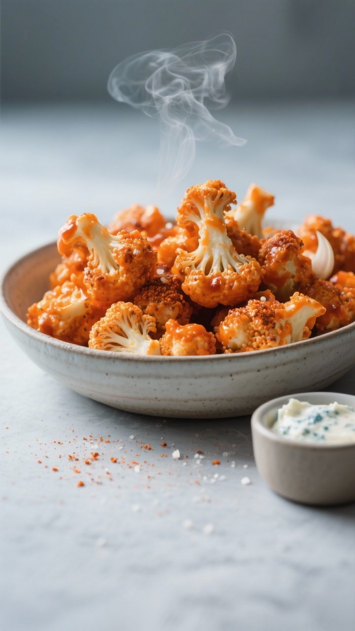 45-degree action shot of Buffalo cauliflower bites in a wide bowl: craggy, crisp florets tossed in vivid orange Buffalo wing sauce, with garlic powder, smoked paprika, and kosher salt in the coating; steam faintly rising; a ramekin of ranch or blue cheese nearby; matte ceramic and cool-toned background to pop the orange color.