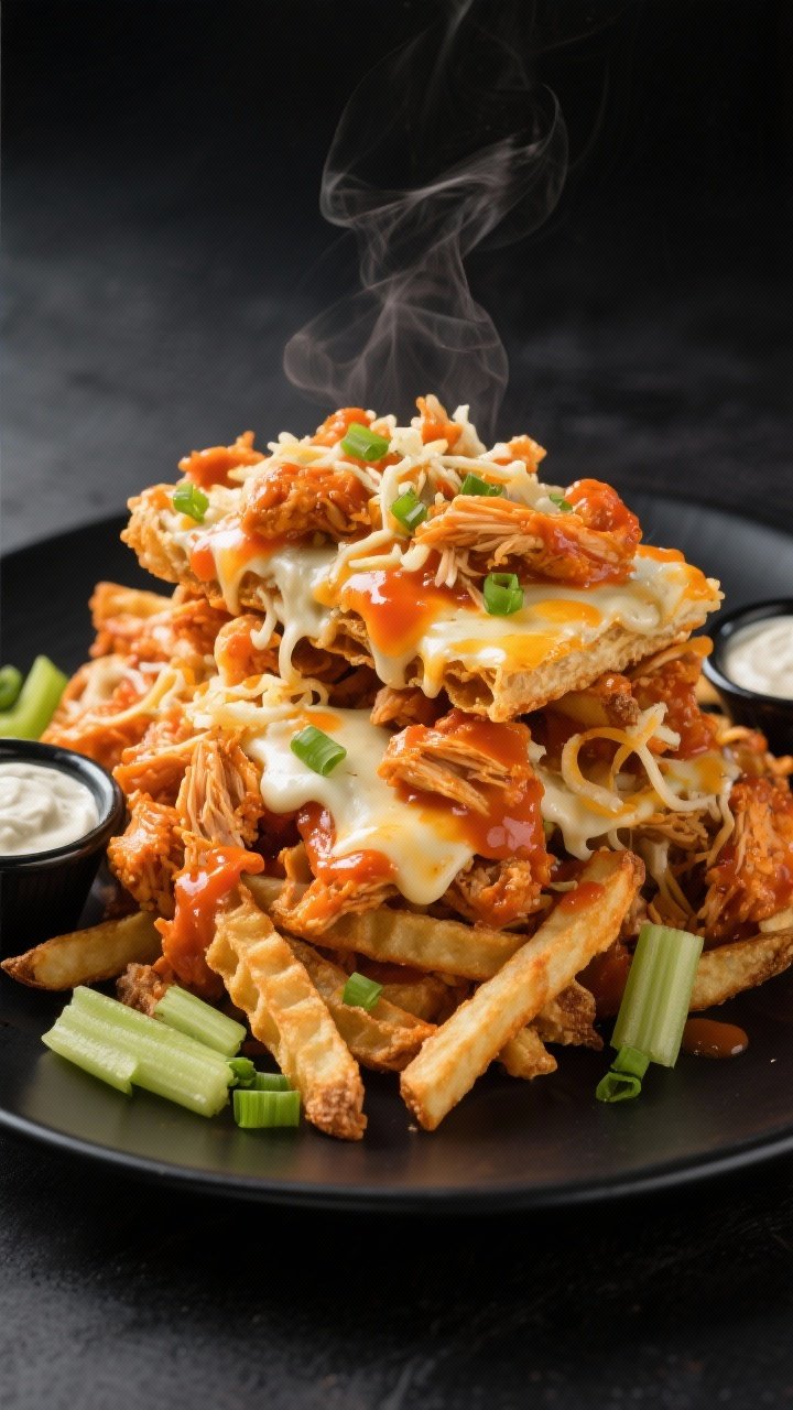 45-degree action shot of Buffalo Chicken Ranch crunchover: crispy waffle fries piled high, smothered with juicy shredded chicken tossed in a vivid orange Frank’s-style Buffalo sauce whisked with melted butter and a hint of honey. Threads of melted shredded mozzarella/Monterey Jack peeking through, cool ranch drizzled over the top, with extra Buffalo and ranch in side ramekins. Garnish with chopped green onion and celery bits; shot on a matte black platter to make the colors pop, steam visible.