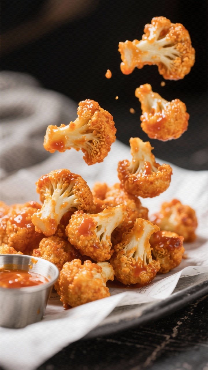 45-degree action shot of crunchy Buffalo cauliflower bites: