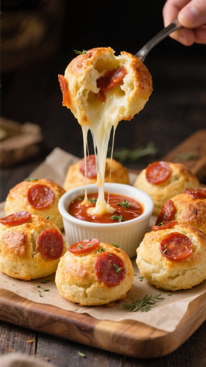45-degree action shot of mini pepperoni pizza bombs torn open to reveal stretchy low-moisture mozzarella; golden-brown biscuit dough spheres brushed with oil, dotted with mini pepperoni, a ramekin of pizza sauce for dipping with visible oregano flakes; arranged on a parchment-lined wooden board, cheese pull front and center.
