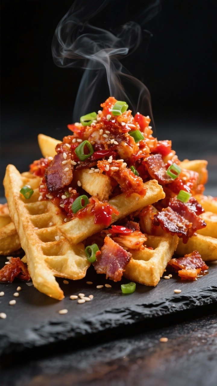 45-degree action shot of waffle fries mounded with a crispy kimchi-bacon gochujang crumble: well-drained, chopped kimchi seared to concentrate, crackly bacon crumbles, a lacquered crimson glaze from sesame oil, gochujang, soy sauce, and a pinch of sugar, finished with toasted sesame seeds and thinly sliced scallions. Steam subtly rising, glossy highlights on the spicy crumble, deep reds and mahogany tones contrasted against golden fries. Set on a dark slate board for a bold, modern Korean-inspired look.