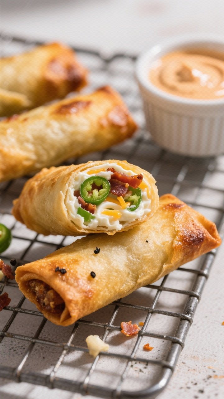 45-degree action-style close-up of jalapeño popper egg rolls resting on a cooling rack: blistered, golden wrappers with no leaks, ends sealed tight; cut one open to reveal creamy cream cheese filling swirled with shredded Monterey Jack, finely chopped jalapeños, and bits of crispy bacon; tiny flecks of black pepper and garlic visible; ramekin of ranch or chipotle crema on the side; dramatic side light highlighting flaky layers.
