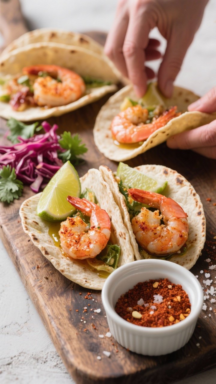 45-degree angle action shot assembling smoky Cajun shrimp tacos: air-fried frozen raw shrimp glistening with olive oil, Cajun seasoning, smoked paprika, garlic powder, and kosher salt tucked into warmed small corn tortillas. Garnish with lime wedges, thin red cabbage, and cilantro on a rustic board; a ramekin of extra Cajun spice nearby. Emphasize pink-orange shrimp and steamy tortillas, clean, punchy lighting.