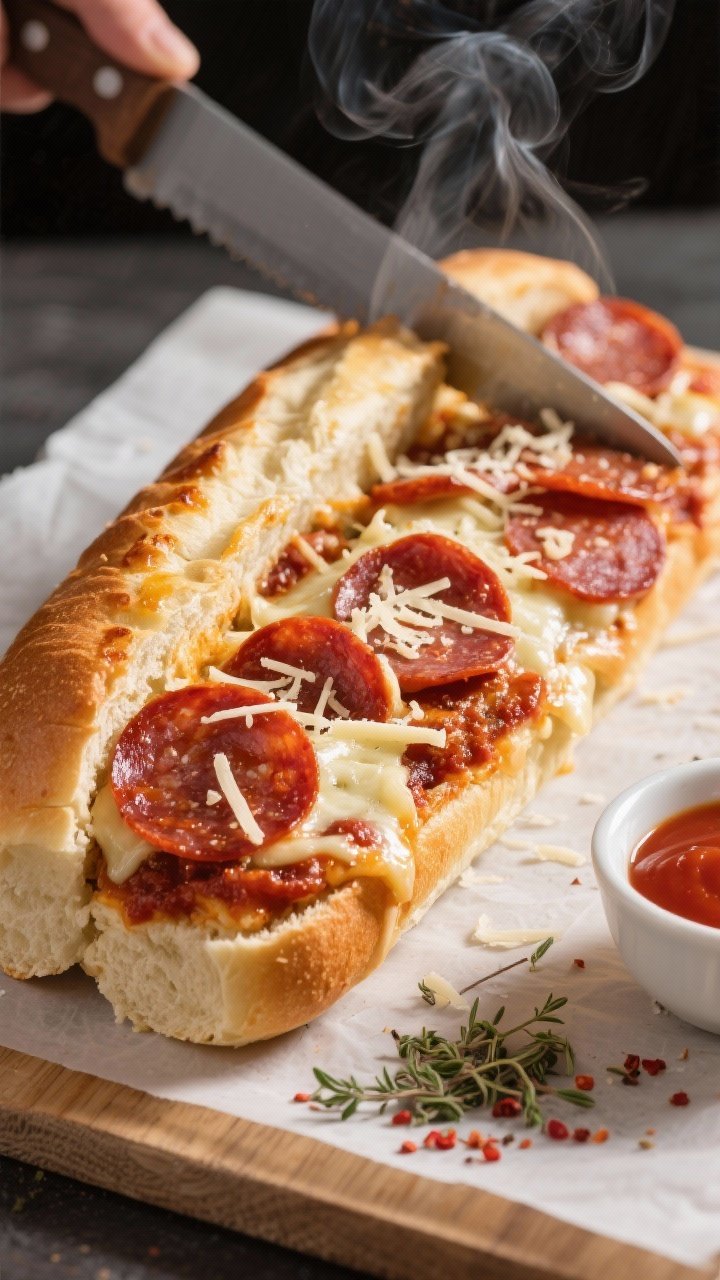 45-degree angle, action shot of a Pepperoni Pizza Grinder Melt being sliced: soft hoagie roll with a butter-brushed, lightly crisped exterior, pizza sauce pooled under 10–12 glossy pepperoni slices, melted shredded mozzarella with strands stretching, a dusting of grated Parmesan on top. Steam rising, a small bowl of marinara nearby, parchment-lined board with a sprinkle of dried oregano and red pepper flakes.
