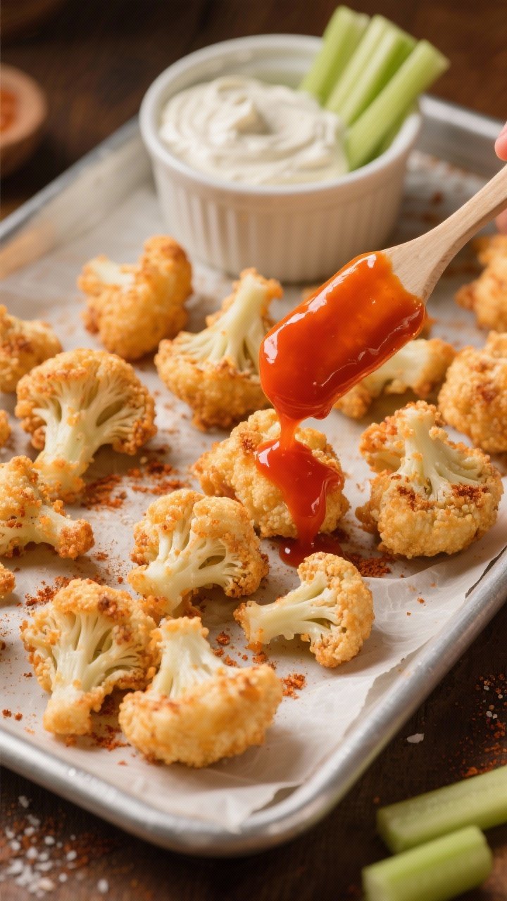 45-degree angle action shot of extra-crispy buffalo cauliflower bites on a parchment-lined tray, the florets clearly coated in a light batter made from all-purpose flour and cold seltzer, seasoned with onion powder, smoked paprika, and kosher salt; a glossy buffalo glaze being brushed on a few florets while others remain dry-crisp for contrast; ramekin of creamy ranch and celery sticks in the background; warm, saturated colors to showcase the red-orange glaze and craggy texture.