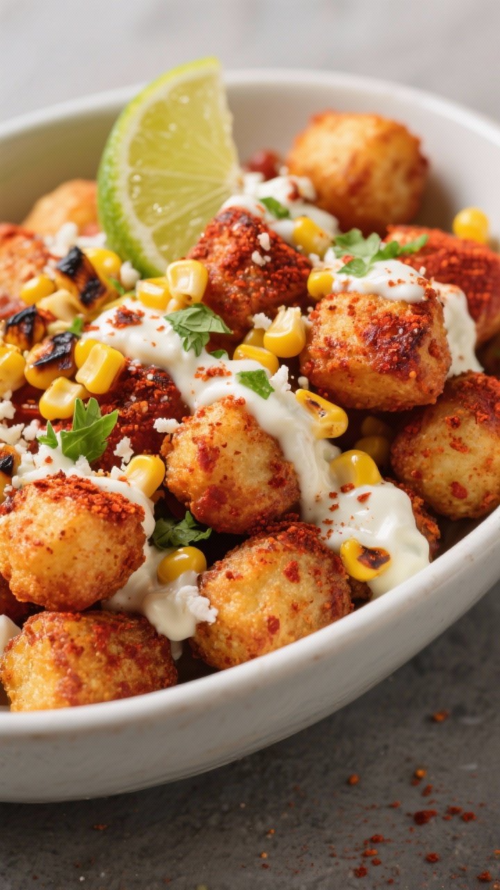 45-degree angle bowl of chili-lime “elote” tots: tater tots air-fried to deep golden crisp, tossed with chili powder, smoked paprika, and salt, topped with charred corn kernels, creamy mayo and sour cream drizzle, fresh lime zest and wedge, and a sprinkle of cotija and cilantro; slight sheen of neutral oil; playful street-corn vibe with bold reds and yellows, crisp textures emphasized.