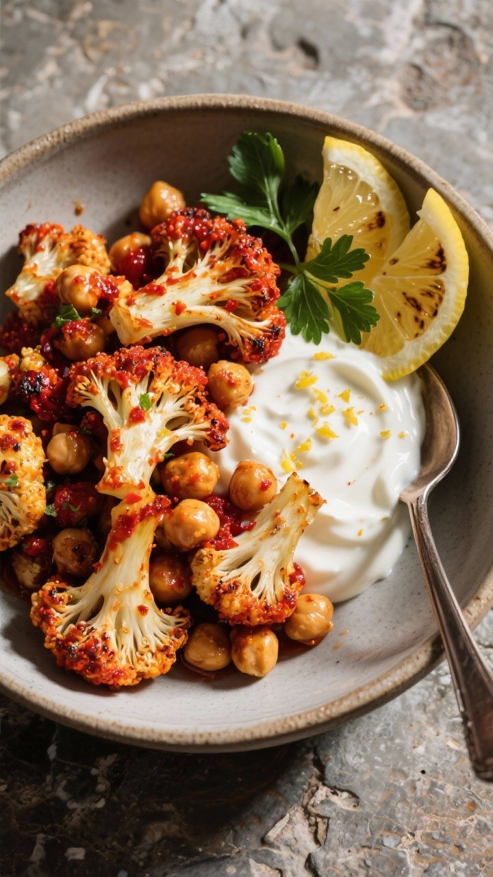45-degree angle bowl of harissa-roasted cauliflower florets and crispy chickpeas, tossed with olive oil, harissa paste, cumin, and smoked paprika, served over a smear of lemon yogurt (creamy white with zest flecks). Garnished with fresh parsley and lemon wedges, slight char visible on florets; set on a textured stone surface with a spoon dipped in the tangy yogurt. Vibrant, contrasty lighting to enhance reds and golds.