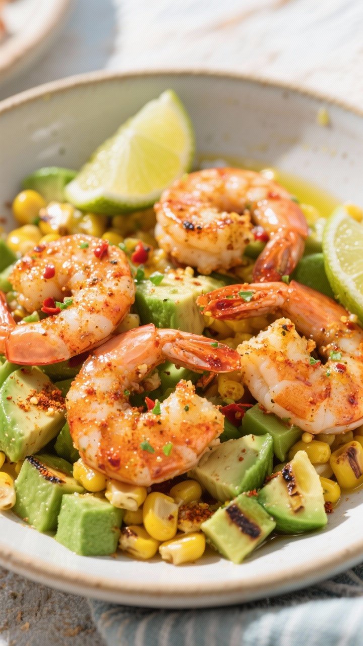 45-degree angle bowl shot of chili-lime air fryer shrimp over a base of corn and diced avocado, shrimp coated with a glossy chili-lime rub showing specks of lime zest, chili powder, smoked paprika, cumin, and garlic powder; bright green avocado cubes and charred sweet corn kernels peek through; lime wedges and a drizzle of olive oil finish, set against a sunlit, casual coastal vibe.