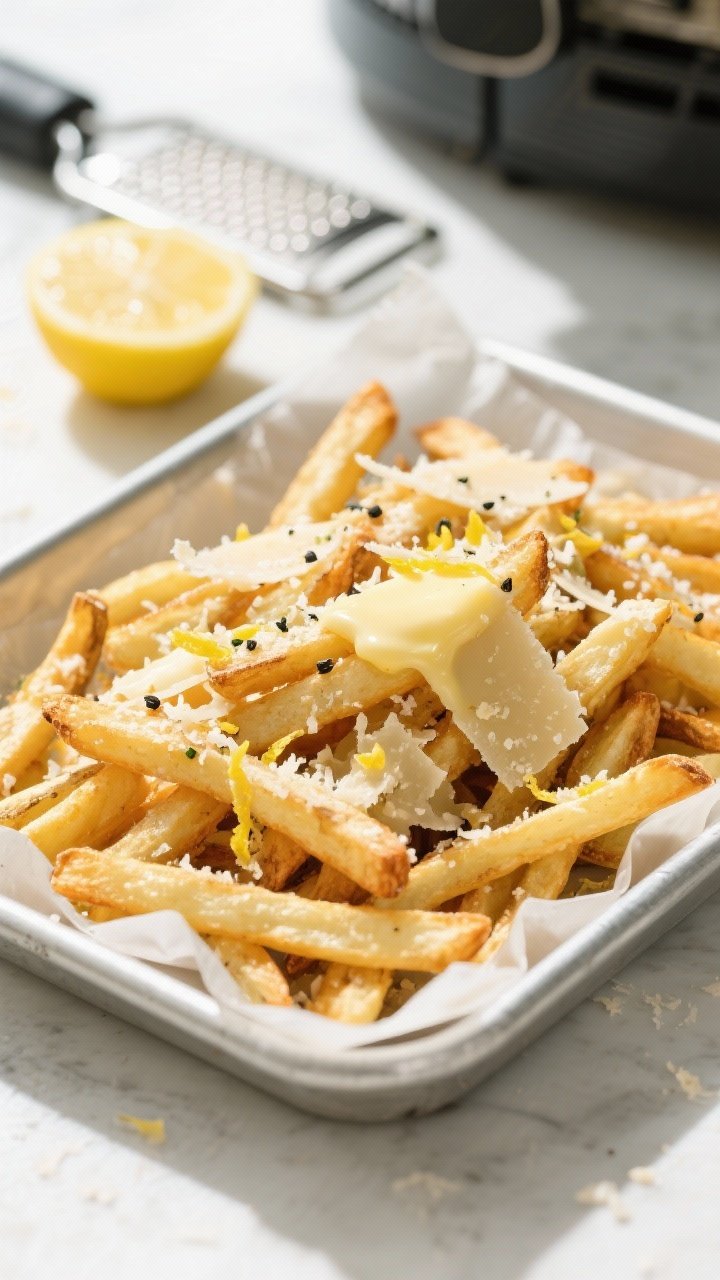 45-degree angle close-up: Garlicky Parmesan shoestring fries piled high in a parchment-lined metal tray, ultra-crisp from the air fryer with optional olive oil sheen. Melted butter-garlic drizzle clinging to the fries, dusted generously with finely grated Parmesan, lemon zest, and freshly cracked black pepper. A small lemon wedge and micro-grater in the background, on a bright, sunlit countertop for zesty freshness.