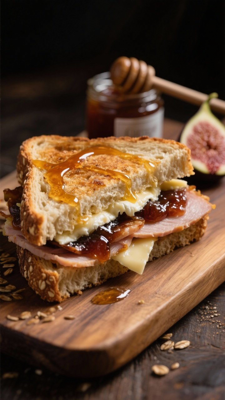 45-degree angle close-up of a smoky turkey, brie, and fig toastie: multigrain/oat bread brushed with olive oil, fig jam glistening under layers of smoked turkey and creamy brie (rind visible), a thin sheen of hot honey drizzled across the top; cut diagonally with cheese just starting to melt; placed on a warm wood board with a small jar of fig jam and a honey dipper nearby; moody, cozy lighting emphasizing the glossy jam and gooey brie.