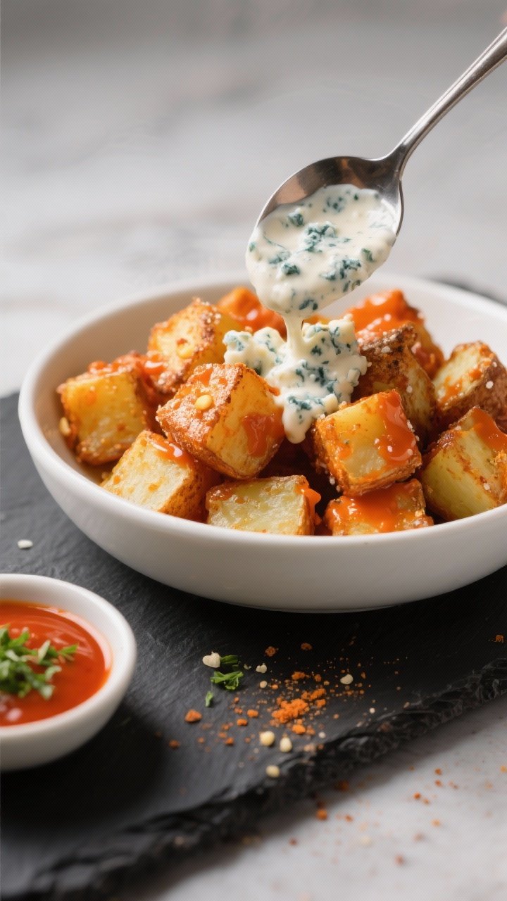 45-degree angle close-up of Buffalo potato bites piled in a shallow white bowl, Yukon Gold cubes lacquered in vivid orange buffalo sauce, edges blistered and crisp from air frying; a spoon drizzling creamy blue cheese sauce over the top, with cornstarch-dusted crisp bits, flecks of garlic powder, salt, and pepper; set on a dark slate with a small dish of extra buffalo sauce and minced herbs.