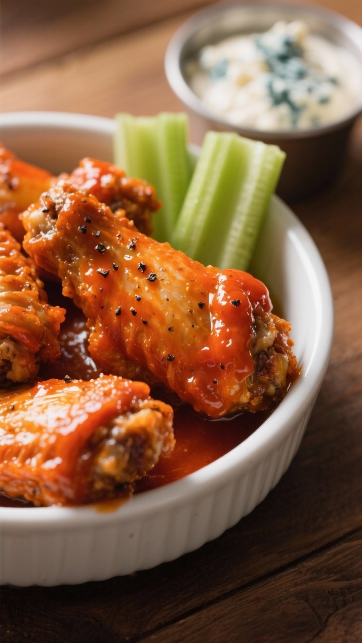 45-degree angle close-up of buffalo wings glistening in a browned-butter hot sauce, vibrant orange-red with specks of black pepper. Sauce made from Frank’s RedHot, browned unsalted butter, and a hint of Worcestershire clinging to the ridges of the crispy skin. Served in a white enamel bowl with celery sticks and a small ramekin of blue cheese dressing in the background, warm lighting emphasizing the glossy coating.