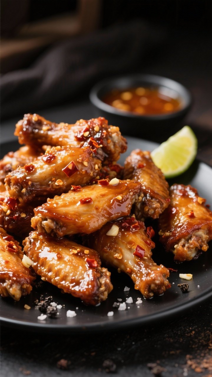 45-degree angle close-up of honey-chili air fryer wings piled high on a matte black plate, sticky-crisp glaze clinging to deeply bronzed skin; visible chili flakes, tiny bits of garlic, and a glossy sheen from honey; a light dusting of kosher salt and black pepper on the plate rim; a small bowl of extra honey-chili sauce and lime wedge in background blur; show subtle crunch from the baking powder and cornstarch coating; warm, moody lighting to highlight lacquered texture without people.