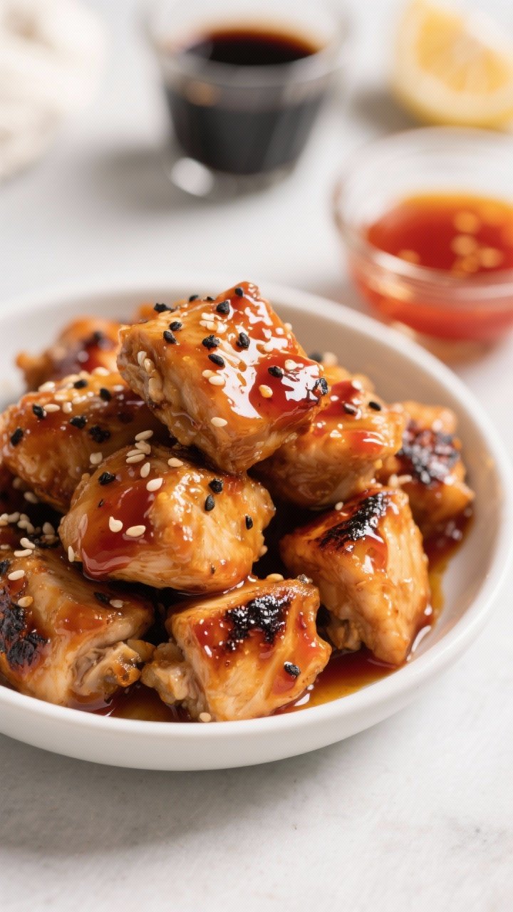 45-degree angle close-up of honey sriracha chicken bites glazed to a glossy sheen, charred edges, sprinkled with black pepper and sesame seeds. Show a small bowl of sticky honey-sriracha sauce in the background, plus hints of soy sauce and cornstarch slurry in a tiny glass. The chicken pieces are bite-sized, stacked in a shallow white bowl, with a light drizzle of extra glaze.