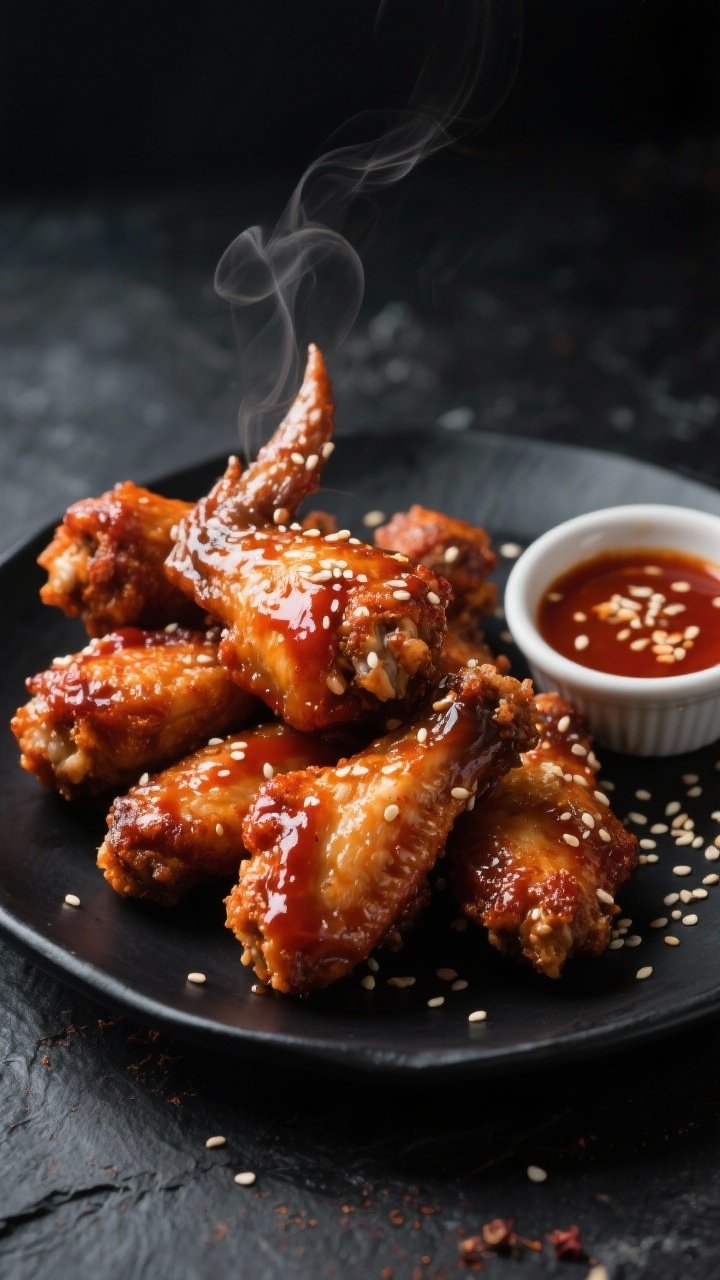 45-degree angle close-up of Sticky Gochujang Air Fryer Wings piled on a matte black platter: ultra-crispy skin from baking powder, salt, pepper, and garlic powder, lacquered in a glossy gochujang glaze and finished with toasted sesame seeds. A light oil sheen, a few wing tips stacked for height, steam subtly visible. Side ramekin of extra sauce, scattered sesame seeds on a dark slate background for contrast, moody lighting.