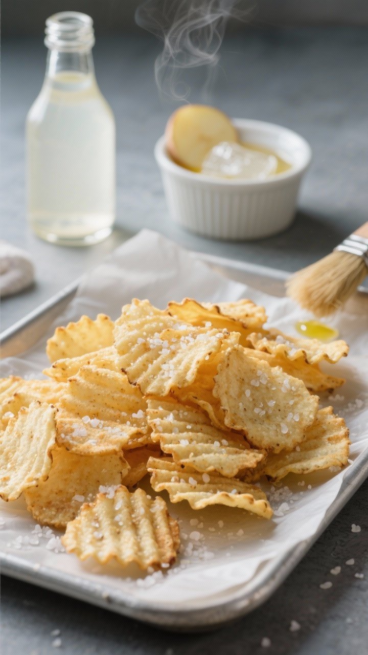 45-degree angle close-up: Ridged-looking Yukon Gold salt & vinegar crisps piled on a parchment-lined tray, micro-beads of oil catching the light, a fine dusting of sea salt visible. In the background, a small bottle of white vinegar, a ramekin of ice water with a few potato slices, and a brush with neutral oil. Tangy, bracing mood with cool tones, steam-softened vignette, shallow depth of field to highlight the crinkled edges.