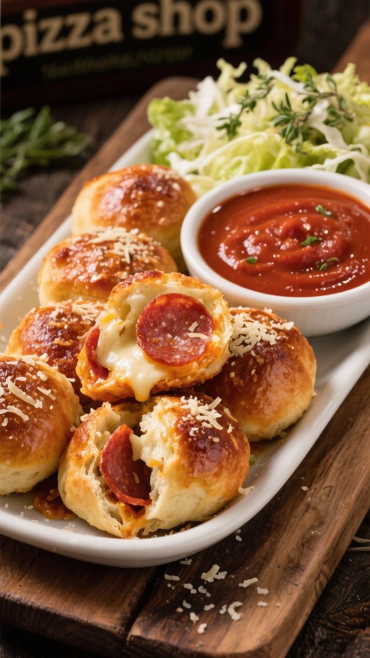 45-degree angle, final platter: pepperoni pizza bombs—shiny, air-fried pizza dough balls brushed with butter and sprinkled with grated Parmesan, some torn open to reveal oozy low-moisture mozzarella, layered pepperoni, and a pocket of pizza sauce. Served with a side bowl of extra pizza sauce for dipping and a small “pizza shop” herbed salad (shredded lettuce, oregano, light vinaigrette) for color contrast, rustic board setting.