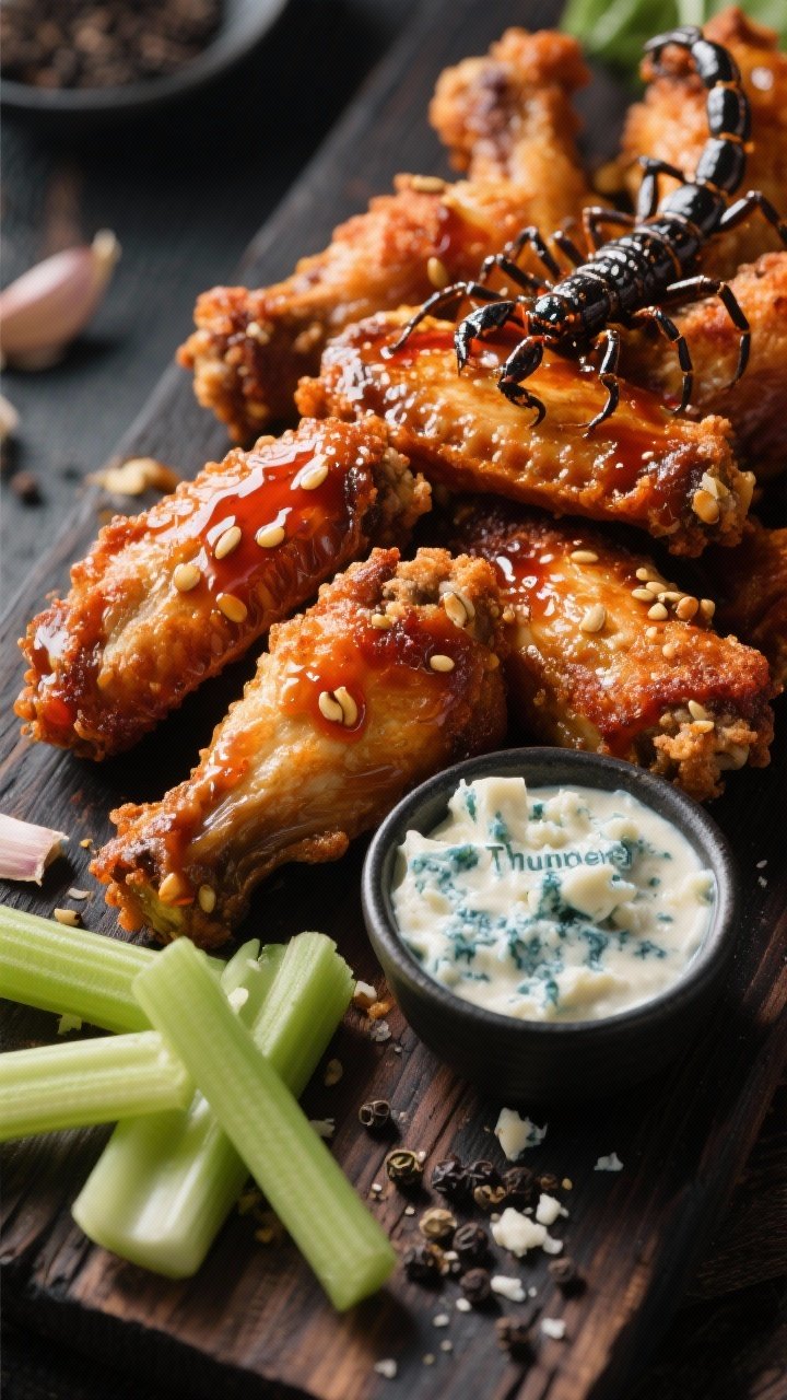 45-degree angle hero shot of scorpion honey wings: flats and drumettes air-fried with baking powder for crackly skin, then lacquered in a fiery scorpion pepper honey glaze, seeds and shine visible. A thick blue cheese dip (“Thunder”) with crumbles on top anchors the scene; celery sticks for cool contrast, coarse black pepper and garlic notes implied by a light sprinkle on a dark wood surface, unhinged heat mood with deep highlights.