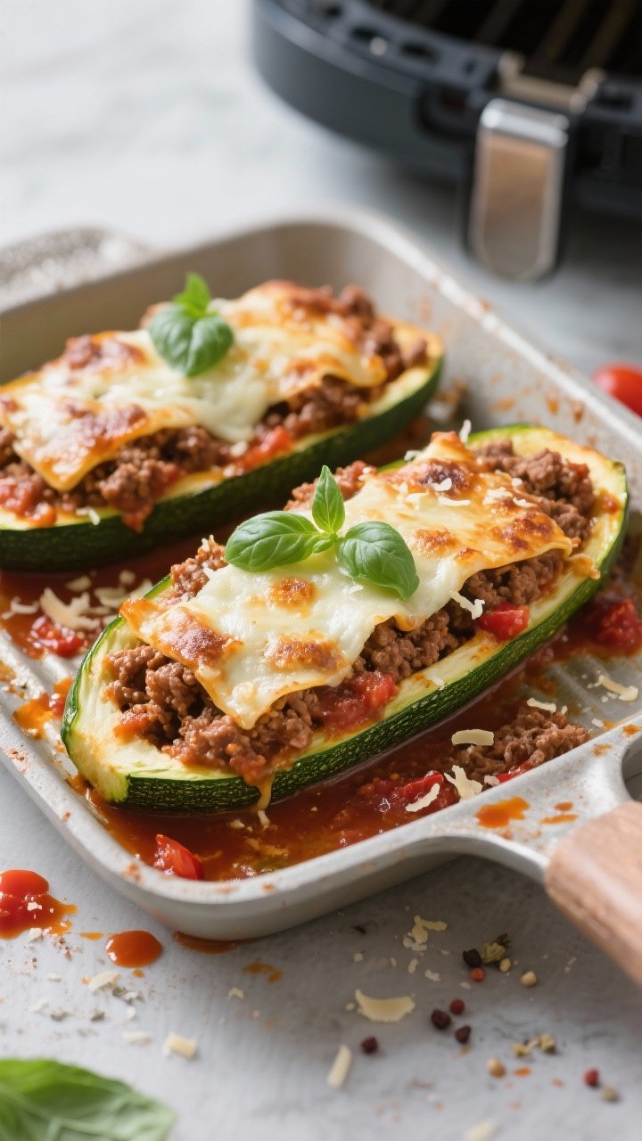 45-degree angle of air fryer beef “lasagna” zucchini boats: halved zucchini shells stuffed with saucy Italian-seasoned ground beef (marinara, Italian seasoning, garlic powder, salt, red pepper flakes), topped with bubbly browned mozzarella and flecks of Parmesan, sprinkled with fresh basil, set in a single pan insert for the air fryer, rustic tomato splatters on the rim for appetite appeal.