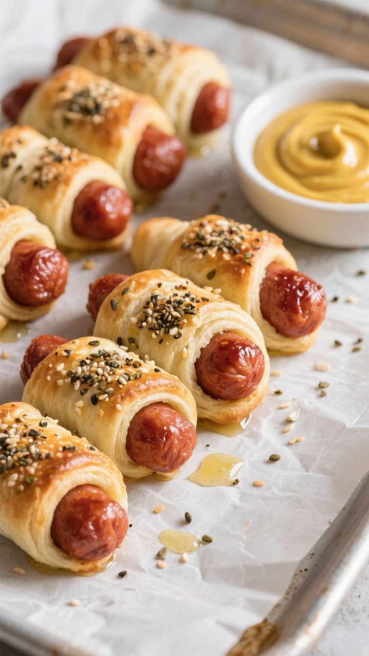 45-degree angle of everything bagel pigs in a blanket on a parchment-lined sheet: mini smoked sausages snugly wrapped in crescent roll dough, glossy from egg wash and generously topped with everything bagel seasoning; a light misted sheen from olive oil spray; served with a small bowl of spicy honey mustard (honey drizzle ribboning into mustard); a few loose sesame and poppy seeds scattered for detail.