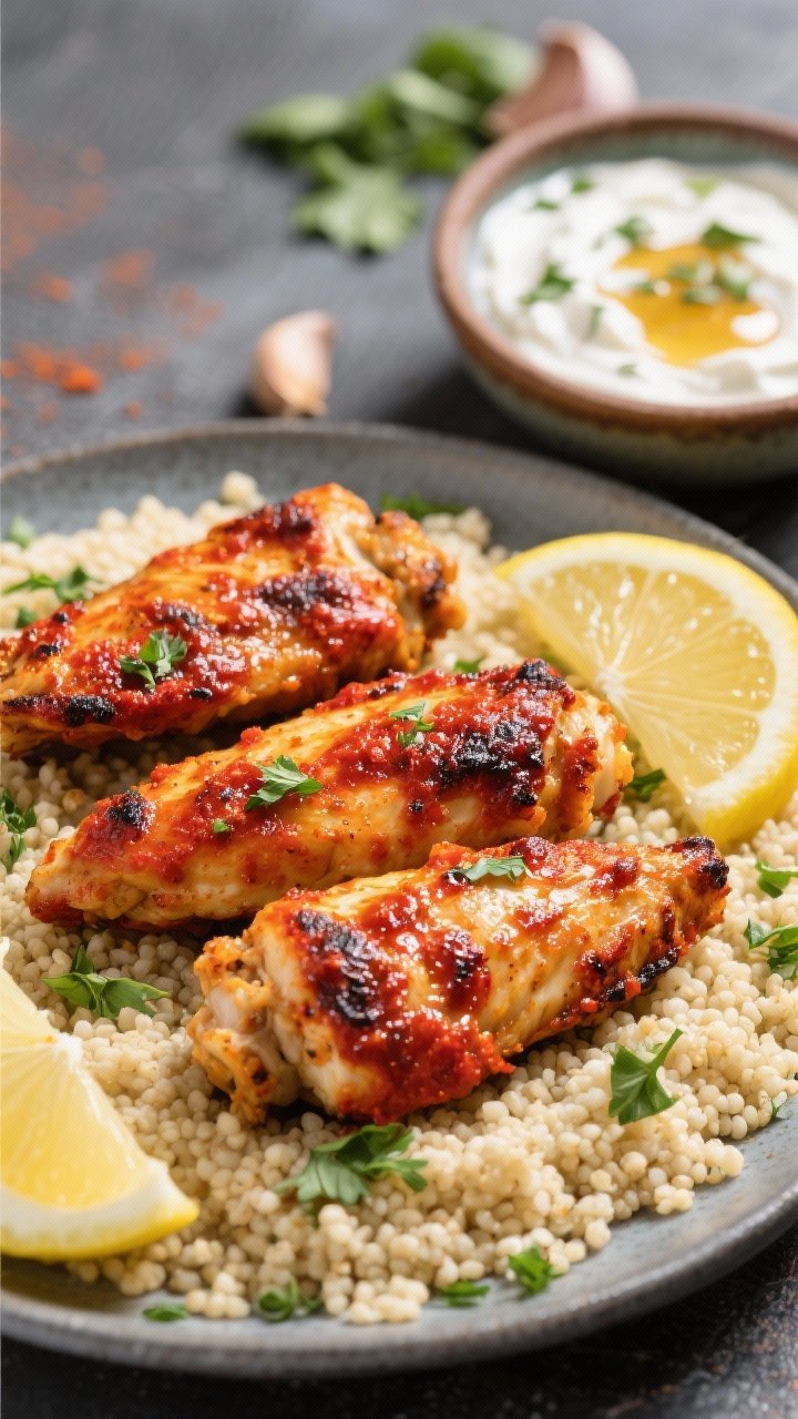 45-degree angle of harissa yogurt–marinated chicken tenders just out of the air fryer, lightly charred edges and a deep red hue from harissa; served over a fluffy bed of herbed couscous speckled with parsley, with lemon wedges; a small bowl of the harissa-yogurt mixture (Greek yogurt, lemon juice, honey, coriander, garlic) sits nearby, giving a warm North African vibe.