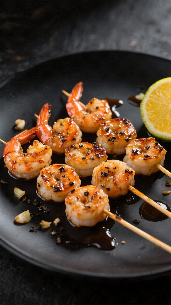 45-degree angle of honey-garlic shrimp skewers hot from the air fryer: large shrimp, tails on, lightly charred and glistening with a soy/tamari, honey, olive oil, minced garlic, rice vinegar (or lime) glaze, cracked black pepper visible. Skewers arranged diagonally over a black plate with a citrus wedge and droplets of glaze. High-contrast lighting to emphasize sticky sheen and grill-like caramelization.