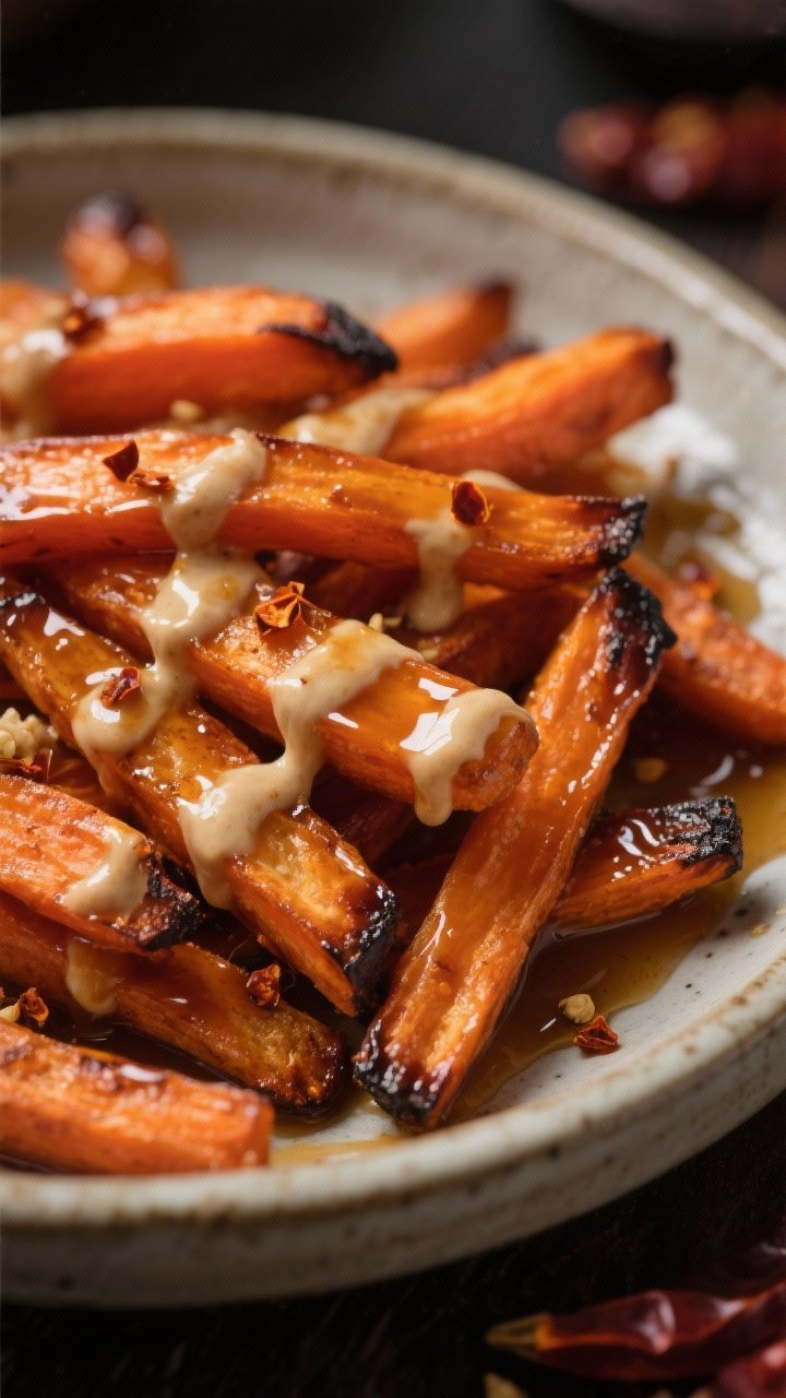 45-degree angle of sticky-sweet miso glazed carrot fries: carrot sticks roasted to caramelized edges, coated in a glossy mix of white miso paste, maple syrup (or honey), olive oil, rice vinegar, garlic powder, and a pinch of chili flakes. Piled in a shallow ceramic dish with extra glaze drizzled over, garnished with a few chili flakes. Warm, moody lighting emphasizing the lacquered surface and charred tips.