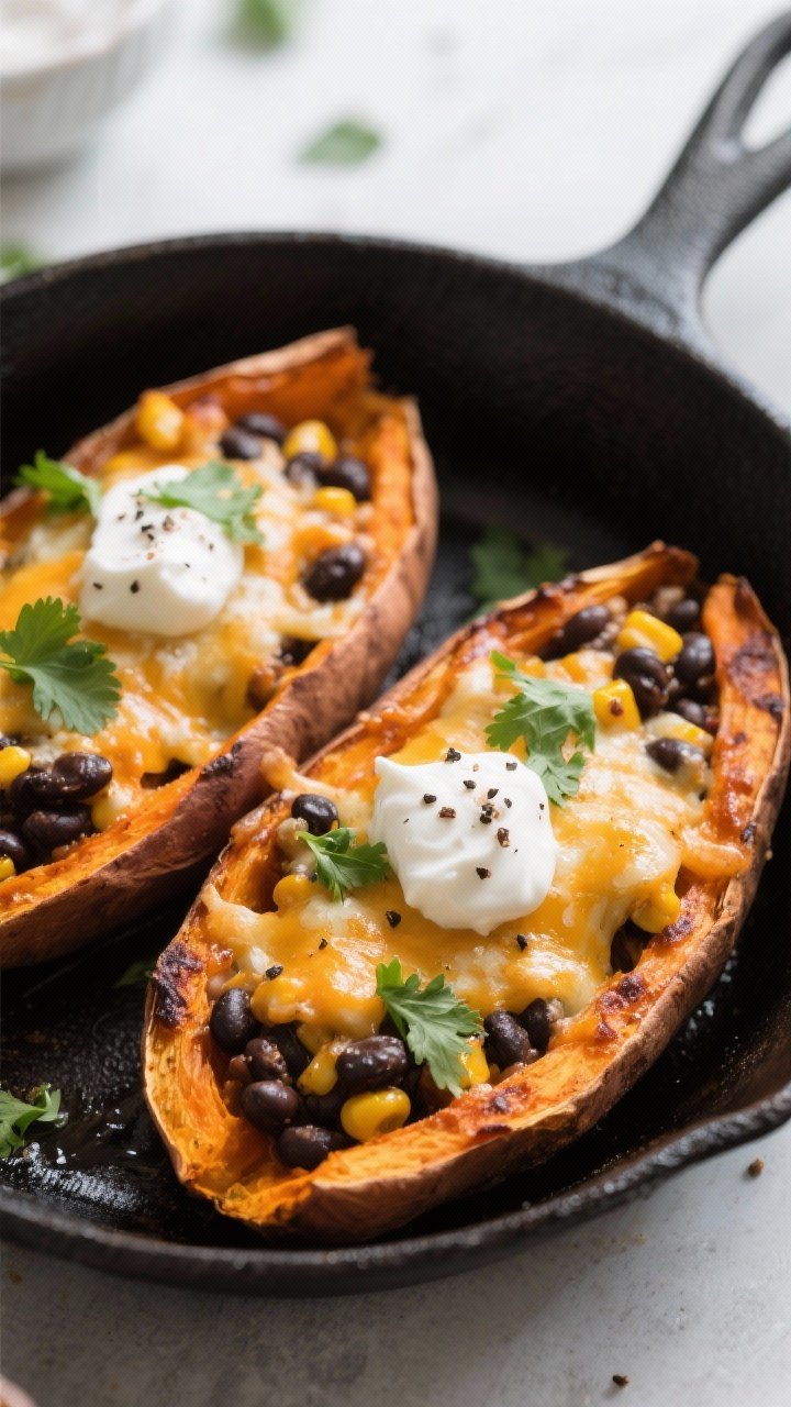 45-degree angle of sweet potato black bean enchilada boats in a cast-iron pan: roasted sweet potato halves with caramelized edges stuffed with black beans, corn, and enchilada sauce, lightly browned cheese on top, sprinkled with cilantro and a dollop of sour cream; visible kosher salt and black pepper specks, rich orange and deep black contrast, cozy weeknight comfort vibes.