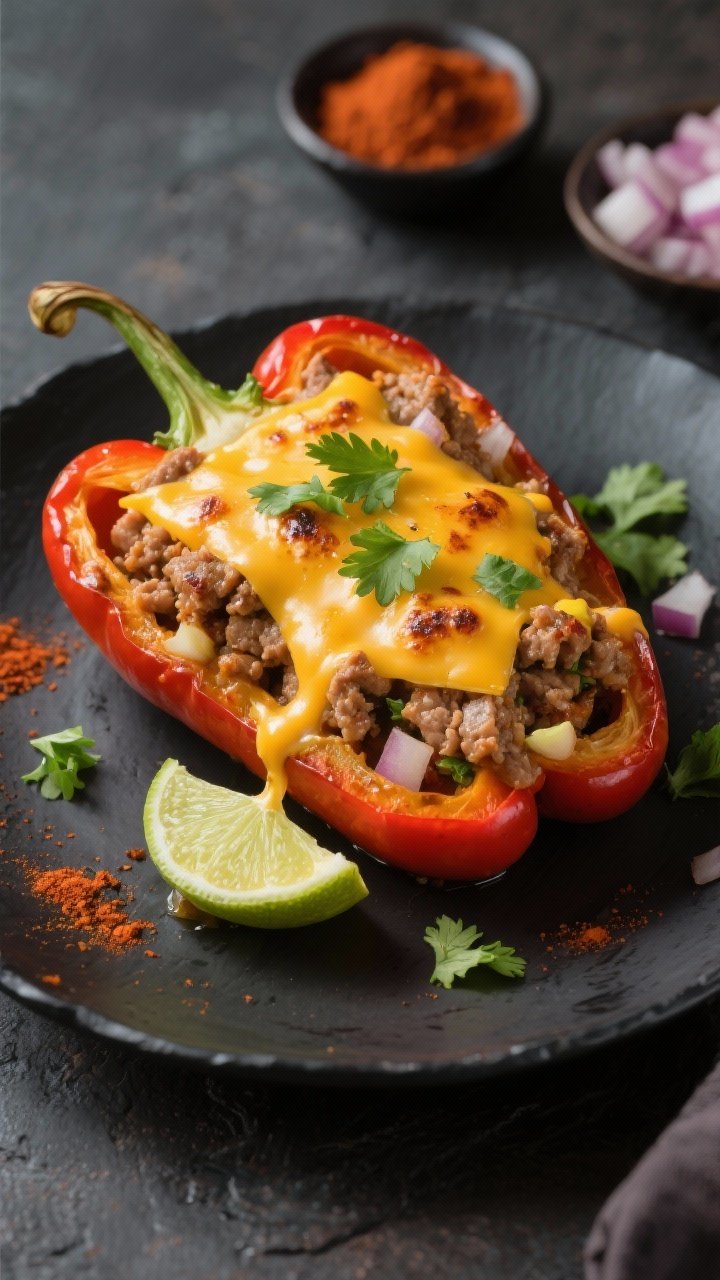 45-degree angle of Tex-Mex turkey stuffed peppers: halved bell peppers filled with seasoned ground turkey sautéed with onion, garlic, chili powder, cumin, and smoked paprika, topped with melted cheddar, lightly blistered edges. Garnished with chopped cilantro and a lime wedge on a charcoal plate; background includes a small bowl of chili powder and diced onions. Punchy color and sharp focus on cheese pull.