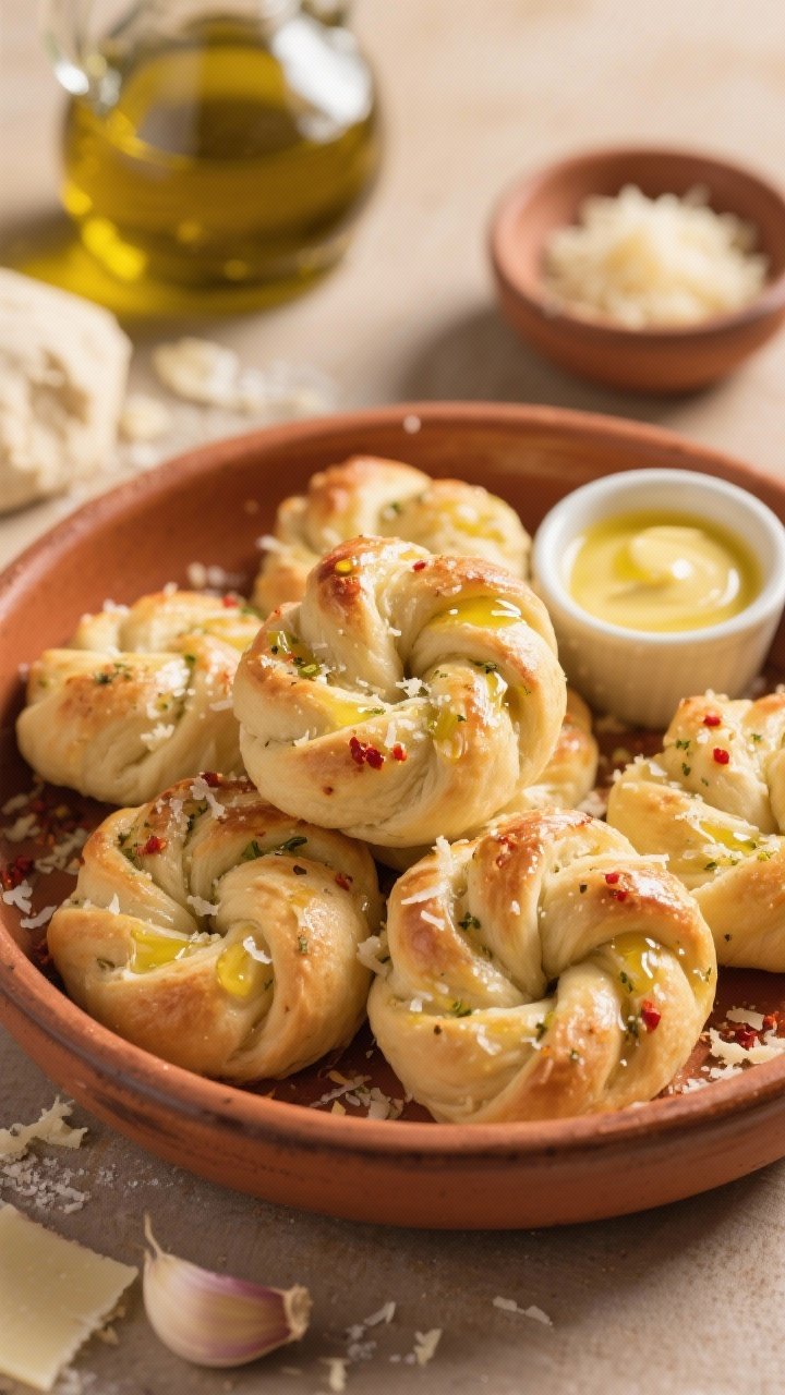 45-degree angle plated presentation of garlic-butter Parmesan knots made from store-bought pizza dough, brushed glossy with melted butter infused with minced garlic, Italian seasoning, and a touch of red pepper flakes; visible grated Parmesan melting into the twists; arranged in a warm ceramic bowl with a small cup of extra garlic butter; a bottle of olive oil and dough scraps subtly placed in the background; soft, golden lighting for cozy bakery feel.