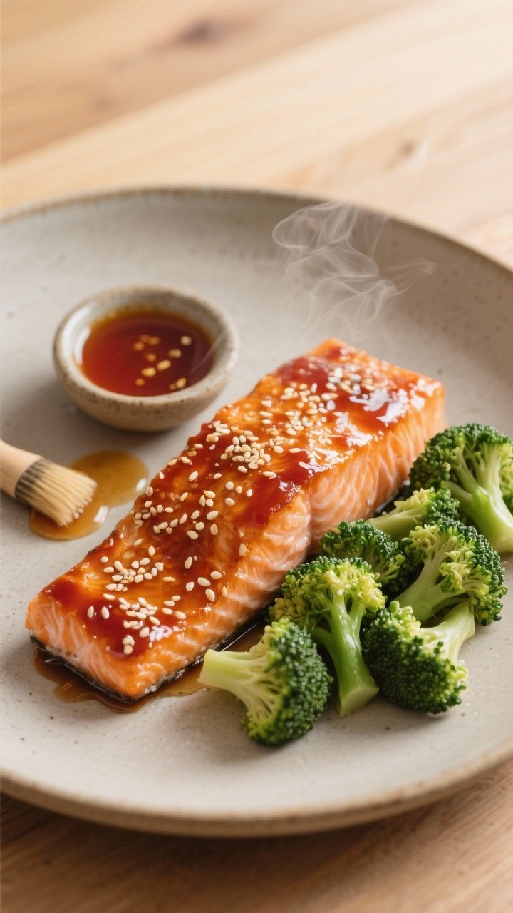 45-degree angle plated presentation of honey sriracha salmon fillets, skin-on and lacquered with a glossy honey–sriracha–soy glaze, flecked with toasted sesame seeds. Nestled beside sesame oil–tossed broccoli florets with a hint of rice vinegar sheen. Set on a neutral ceramic plate with a small dish of extra glaze and a brush, on a light wood table; soft side lighting to capture sticky glaze highlights and steam.