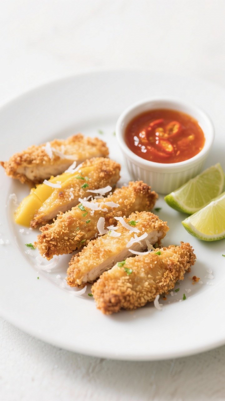 45-degree angle plated tenders of crunchy coconut lime chicken: panko-coconut crusted strips with visible shredded coconut threads, sprinkled with lime zest and kosher salt. Served with a glossy chili mango dipping sauce in a ramekin, lime wedges on the side. Crisp crumb detail emphasized, vibrant tropical colors, clean white plate against a light background.