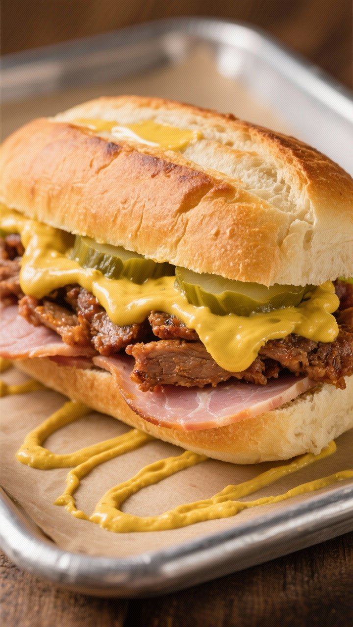 45-degree angle press-shot of a Cuban-style mojo pork sandwich: soft French bread/Cuban roll spread with yellow mustard, layered with juicy cooked mojo pork and thinly sliced deli ham, pressed to a compact, crisp exterior; zesty pickle slices visible at the seam; light sheen of butter on the crust from toasting; served on a metal tray with extra mustard swirls; warm, golden tones to highlight the press marks.