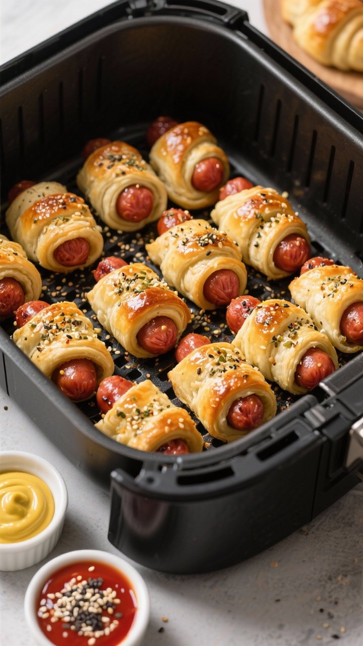 45-degree angle process shot of everything bagel pigs in a blanket: mini cocktail sausages wrapped in golden crescent roll dough, glossy from an egg wash, generously coated with everything bagel seasoning. Pieces arranged in staggered rows in an air fryer basket, a ramekin of mustard and another of spicy ketchup nearby, sesame and poppy seeds clearly visible for texture.