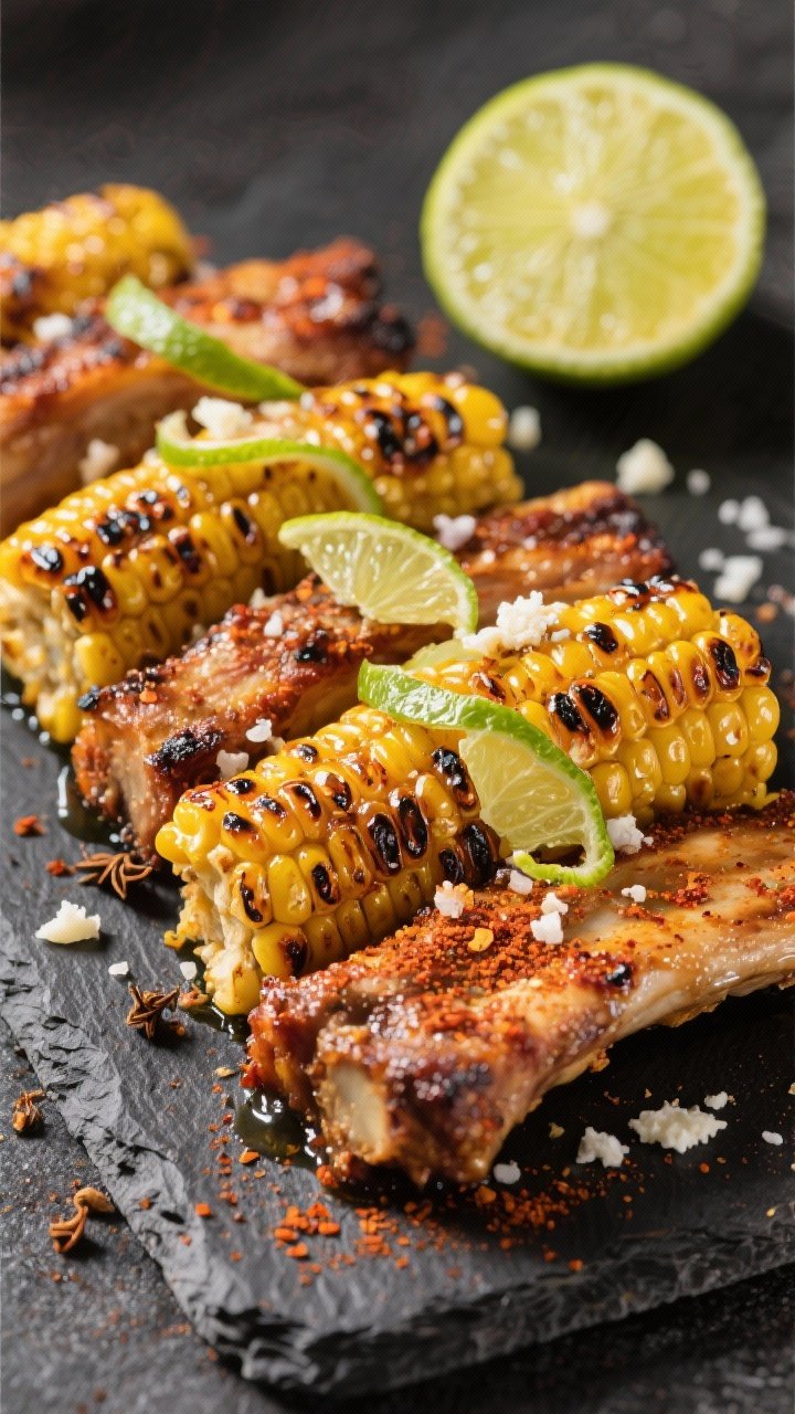 45-degree angle shot of blistered chili-lime corn ribs fresh from a preheated air fryer, curled kernels charred at the edges, glossy with olive oil, dusted with chili powder, cumin, and kosher salt, finished with lime zest ribbons and a squeeze of lime juice; optional sprinkle of crumbled cotija, served on a charcoal slate platter with a halved lime in frame, vibrant and punchy colors.