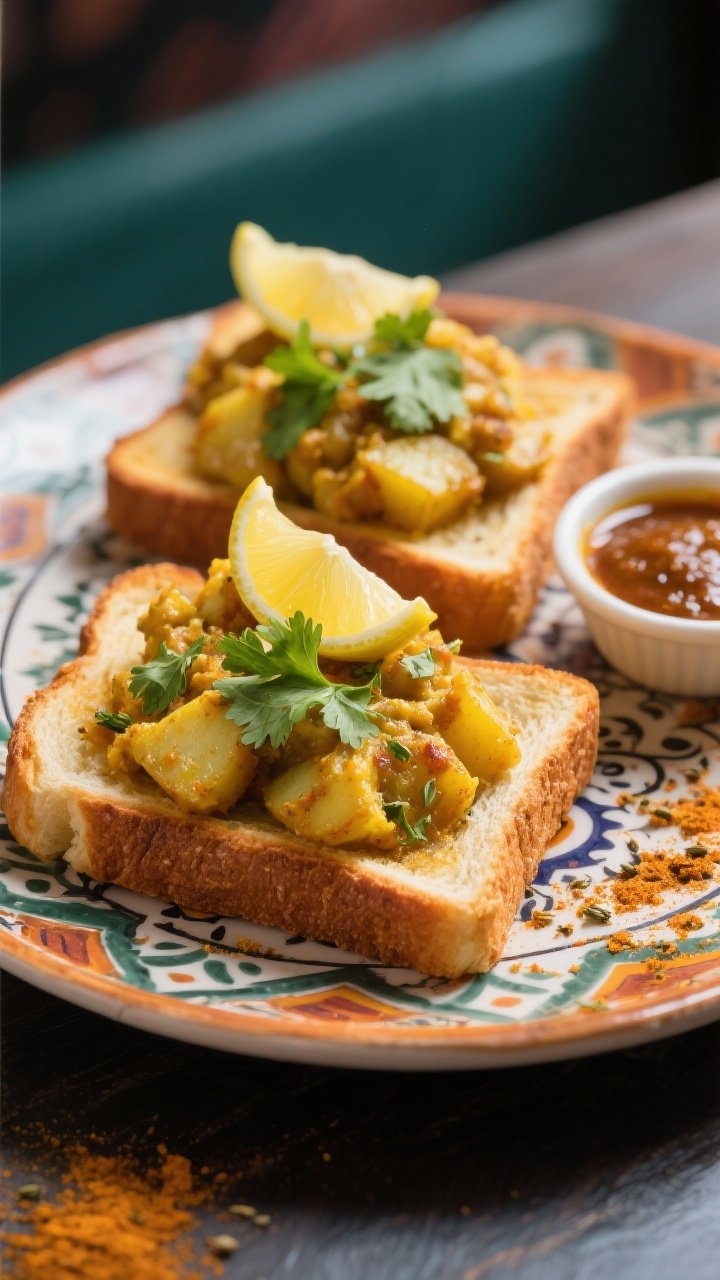 45-degree angle shot of cheaters’ samosa toasts: thick toast slices topped with a curried potato smash made from cooked potatoes, oil/ghee, curry powder, ground coriander, and cumin, air-fried until the edges of the topping are golden and slightly crisp. Garnished with cilantro and a squeeze of lemon; served on a patterned plate with a small ramekin of chutney; vibrant, street-food vibe.