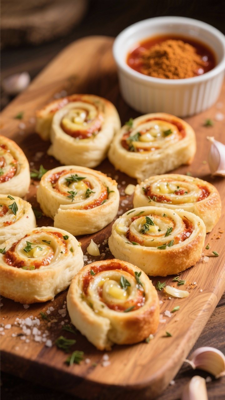 45-degree angle shot of garlic bread pinwheel bites arranged in a spiral on a warm-toned wooden board, the swirled pizza dough layers showing glossy butter, minced garlic, dried oregano, dried basil, and kosher salt baked into the folds; a small bowl of finely sieved “marinara dust” sprinkled over a few pieces, with a ramekin of marinara in the background slightly out of focus; brushed olive oil sheen catching soft afternoon light.