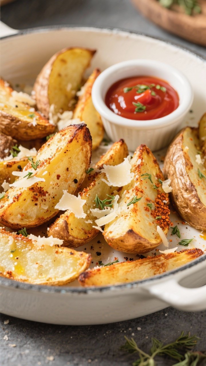 45-degree angle shot of garlic-parmesan potato wedges with deeply browned, crisped edges: thick russet wedges glistening with olive oil, coated in garlic powder, paprika, dried oregano, salt, and black pepper, showered with freshly grated Parmesan. Presented in a white enamel pan with a ramekin of ketchup, flecks of herbs visible, crunchy texture emphasized with directional side light.