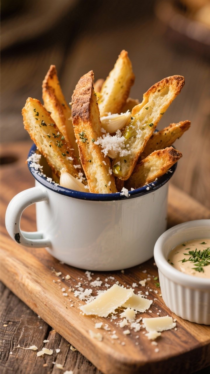 45-degree angle shot of garlic-parmesan stale bread fries: thick, fry-size sticks of rustic bread air-fried to deep golden edges, tossed with olive oil, garlic powder, Italian seasoning, and a snowy sprinkle of grated parmesan. Served in a white enamel cup with a side of herby dip in a ramekin; crumbs and parmesan shavings on a wooden board; warm, cozy lighting.