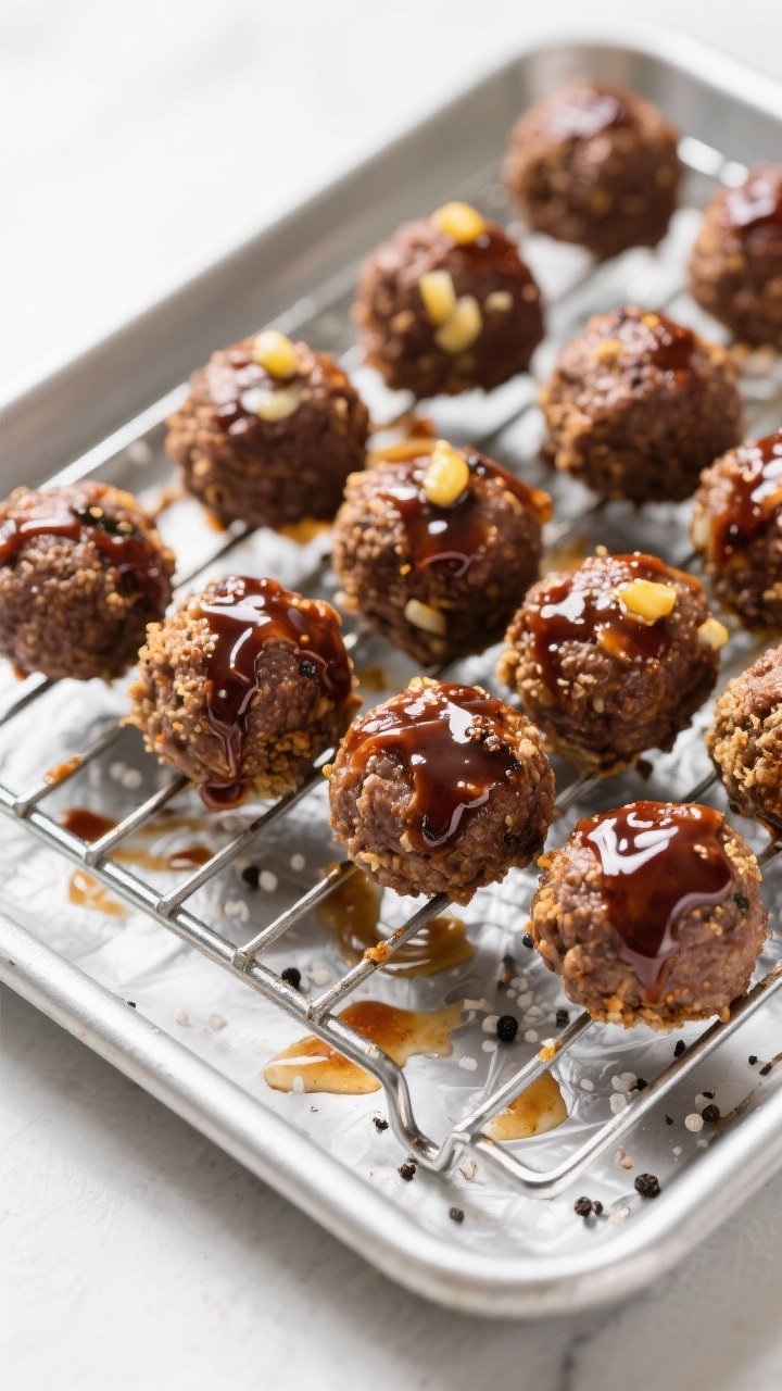 45-degree angle shot of smoky BBQ meatballs arranged on a rack-lined air fryer tray for easy cleanup: beef meatballs with breadcrumbs, egg, grated onion, Worcestershire, smoked paprika, kosher salt, and black pepper, lacquered with a glossy BBQ glaze; the rack elevates the meatballs with drips below, clean scene emphasizing the liner/rack setup.