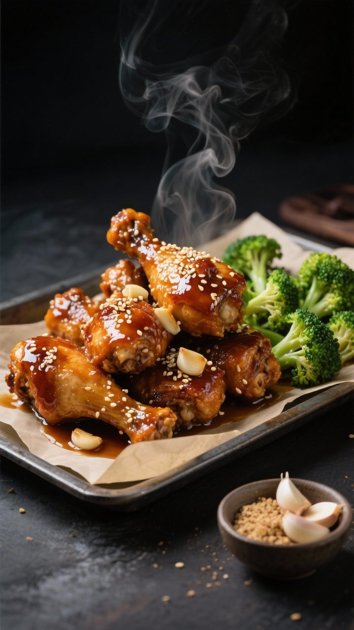 45-degree angle shot of sticky honey-garlic chicken drumsticks piled on a parchment-lined tray, lacquered with a glossy soy sauce, honey, garlic, rice vinegar glaze; sprinkled with sesame seeds and served with vibrant sesame-oil-tossed broccoli florets; steam rising, small bowl showing minced garlic and ground ginger, moody dark backdrop for shine and contrast.