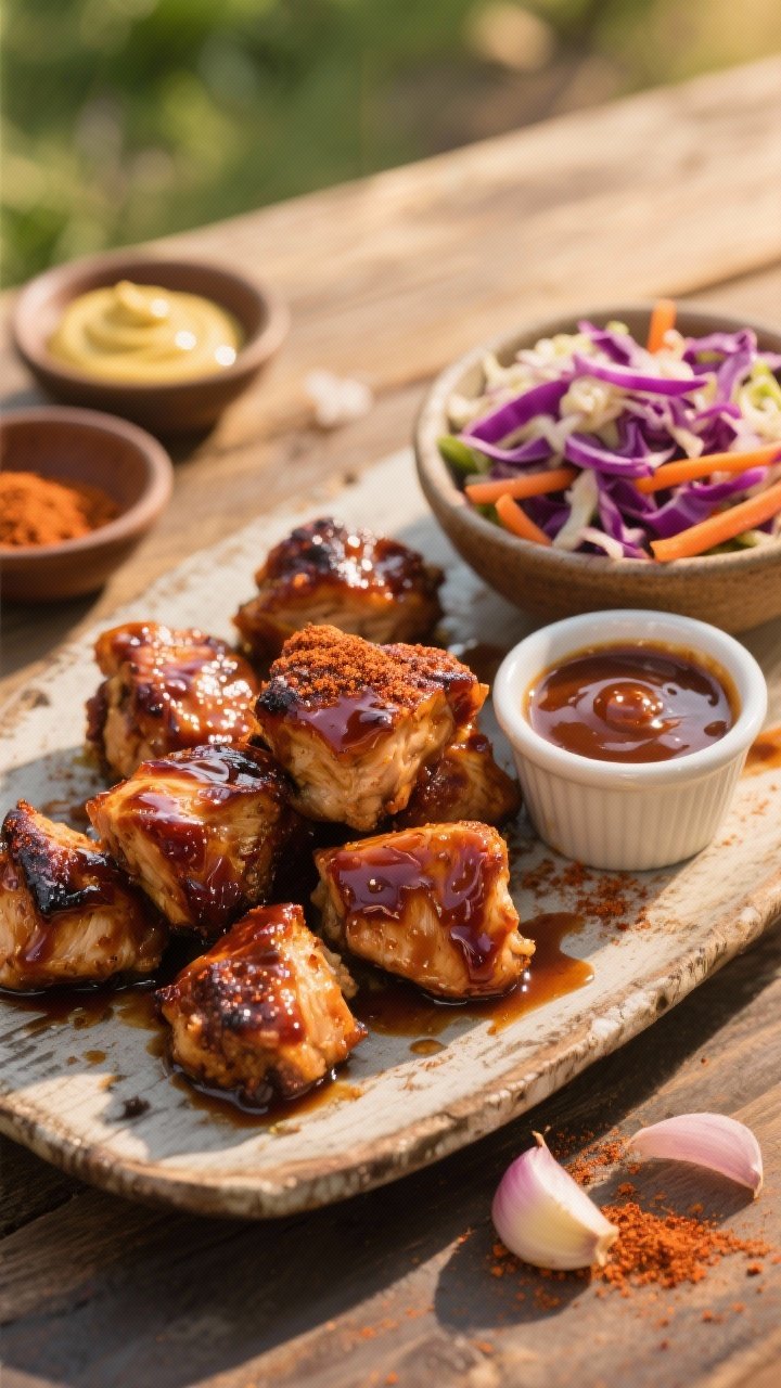 45-degree backyard-BBQ style presentation of Smoky BBQ Maple chicken bites: mahogany-glazed chunks with sticky maple sheen and smoky paprika undertones, arranged on a rustic platter. Serve with a side of tangy slaw in a small bowl (purple cabbage, carrots) for color pop; include a ramekin of extra BBQ-maple sauce. Style Dijon mustard and a pinch of onion and garlic powder in tiny bowls nearby; warm, golden-hour lighting emphasizing caramelization and juiciness.