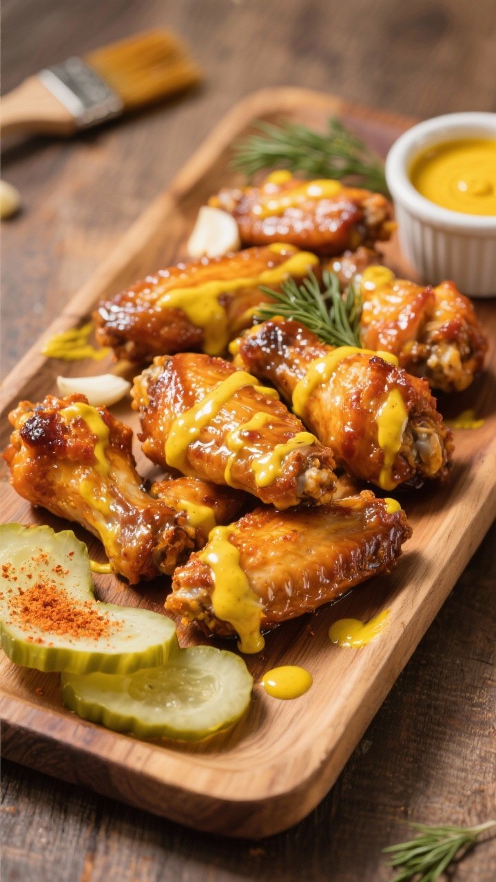 45-degree barbecue platter presentation of Carolina Gold mustard BBQ wings: burnished skins brushed with a glossy yellow mustard, honey, and tangy sauce, kissed with smoked paprika and garlic powder; served with dill pickle chips for a briny pop and a small ramekin of extra golden sauce; rustic wooden board, warm daylight, a few mustard brush strokes on the board for motion.