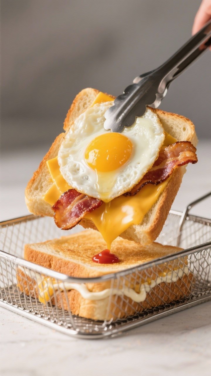 45-degree breakfast melt in the air fryer basket: brioche slices golden, cheddar melted around a just-set fried egg with a runny yolk, two bacon slices peeking out. A thin swipe of mayo and a dot of hot sauce or ketchup visible at the edge. Capture a gentle yolk ooze as the sandwich is lifted with tongs. Morning light, clean backdrop, focus on melty cheddar and crisp bacon.