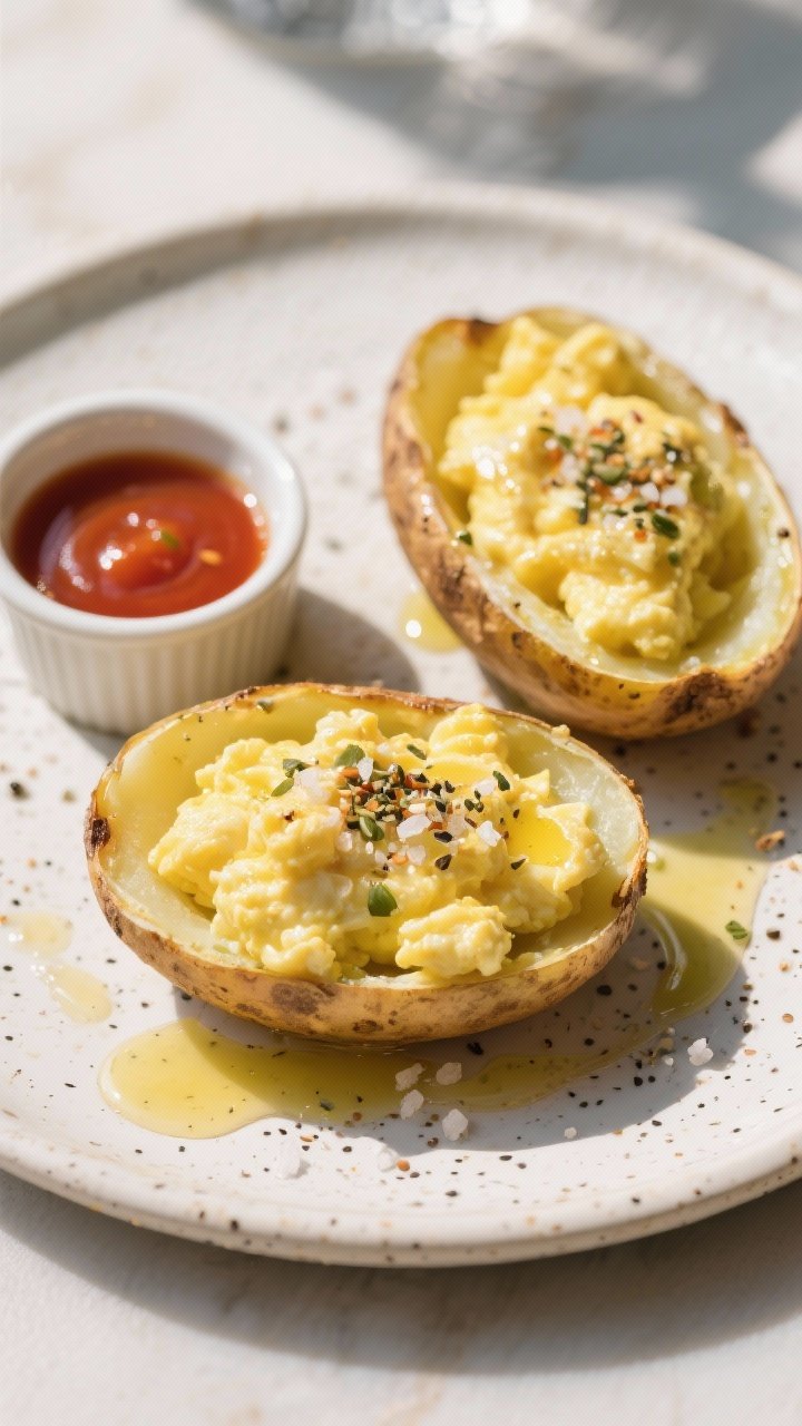 45-degree breakfast skins plated for brunch: potato shells brushed with melted butter and olive oil, lightly sprinkled with kosher salt and everything bagel seasoning; filled with soft-scrambled eggs (custardy, glossy), finished with another pinch of everything spice; served on a speckled ceramic plate with a small ramekin of hot sauce; bright morning light, airy composition.
