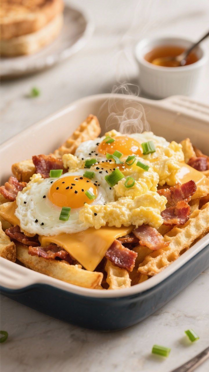 45-degree brunch scene, Breakfast fry-up: waffle fries as a base, topped with softly set scrambled eggs (buttery, custardy curds), chopped crisp bacon, melted cheddar/Colby Jack, and a drizzle of hot honey. Finish with sliced green onions and a crack of black pepper. Serve in an enamel baking dish with a ramekin of hot honey and a small spoon; warm morning light, inviting, with steam rising from eggs.