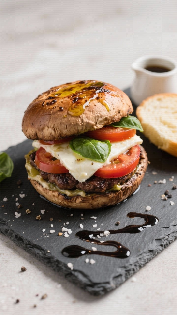 45-degree burger build of caprese-stuffed portobello burgers on a slate board: large portobello caps brushed with olive oil and roasted, stuffed with melted fresh mozzarella, layered with thick tomato slices and fresh basil leaves, seasoned with kosher salt and black pepper; bun halves to the side, balsamic glaze drizzle optional in a tiny pitcher, clean summer Italian look.